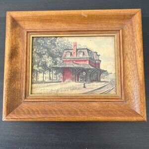 Vintage Gene Pelham Railroad Train Station Print // Original Wood Frame 8" x 7"